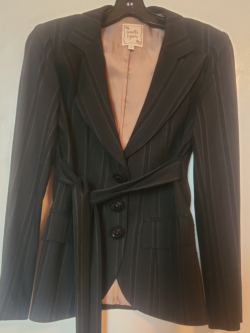 Nanette Lepore Black Pinstripe Suit Jacket And Pants Set.